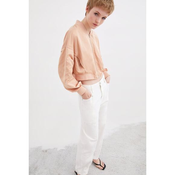 ZARA Pink Satin Full-Zip Cropped Bomber Jacket 3427/010 Drop Shoulder Relaxed M - Picture 6 of 6